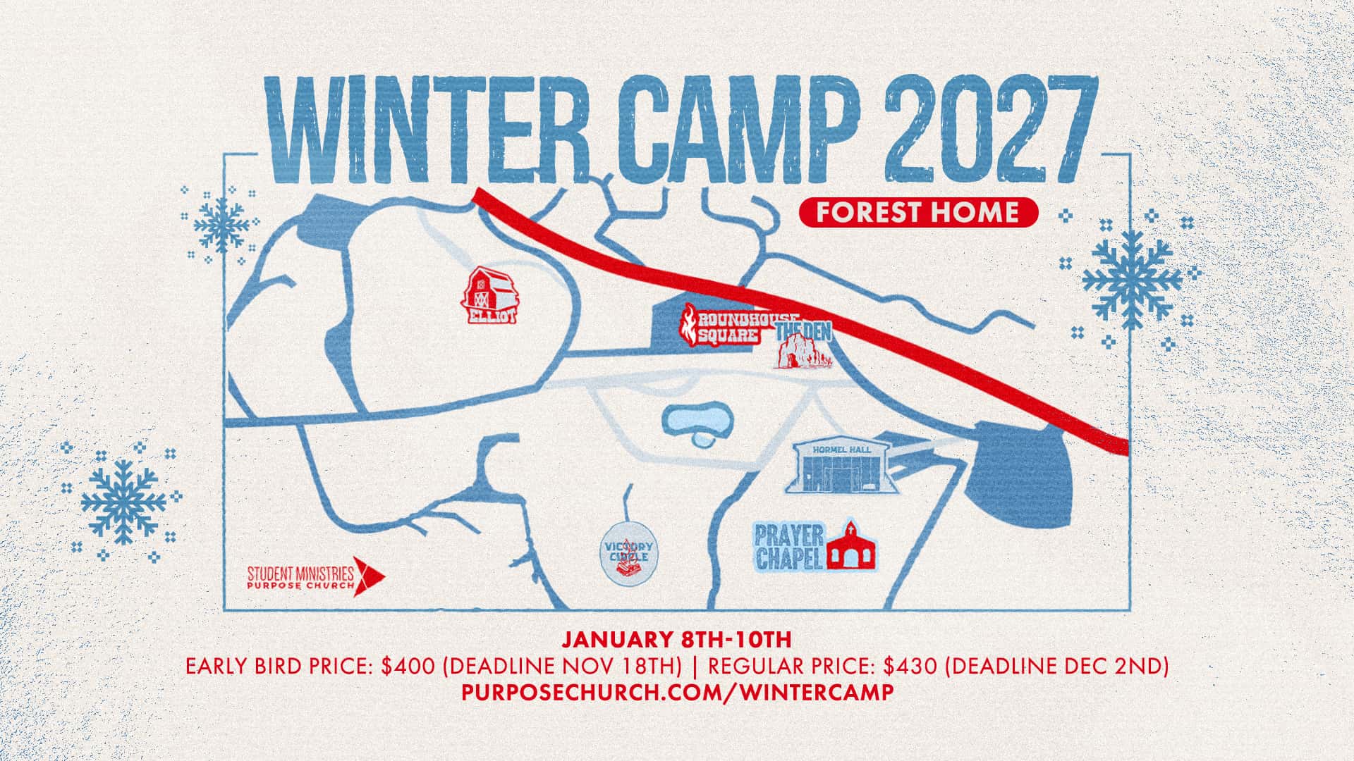 Student Ministries Winter Camp 2027 Event Design, church design work for Purpose Church