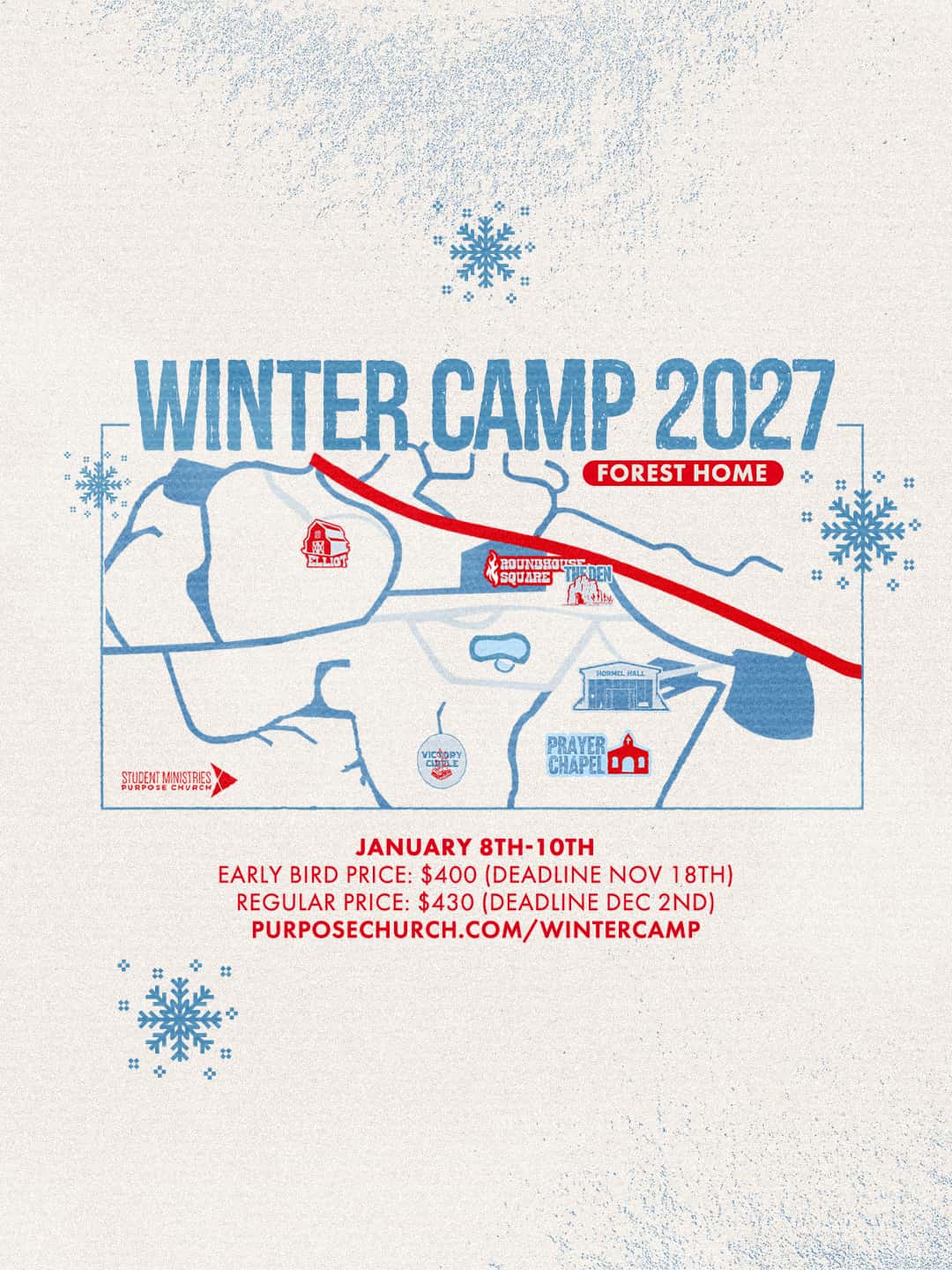 Student Ministries Winter Camp 2027 Event Design, church design work for Purpose Church