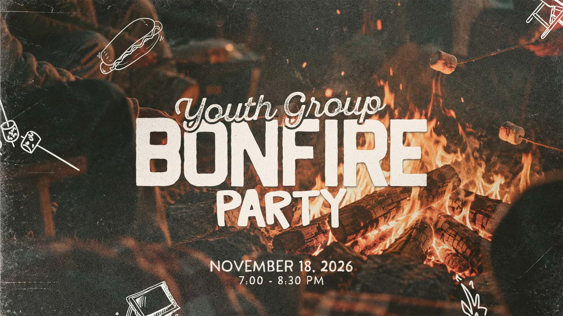 Youth Group Bonfire Party 2026 Event Design, church design work for McPherson First United Methodist Church