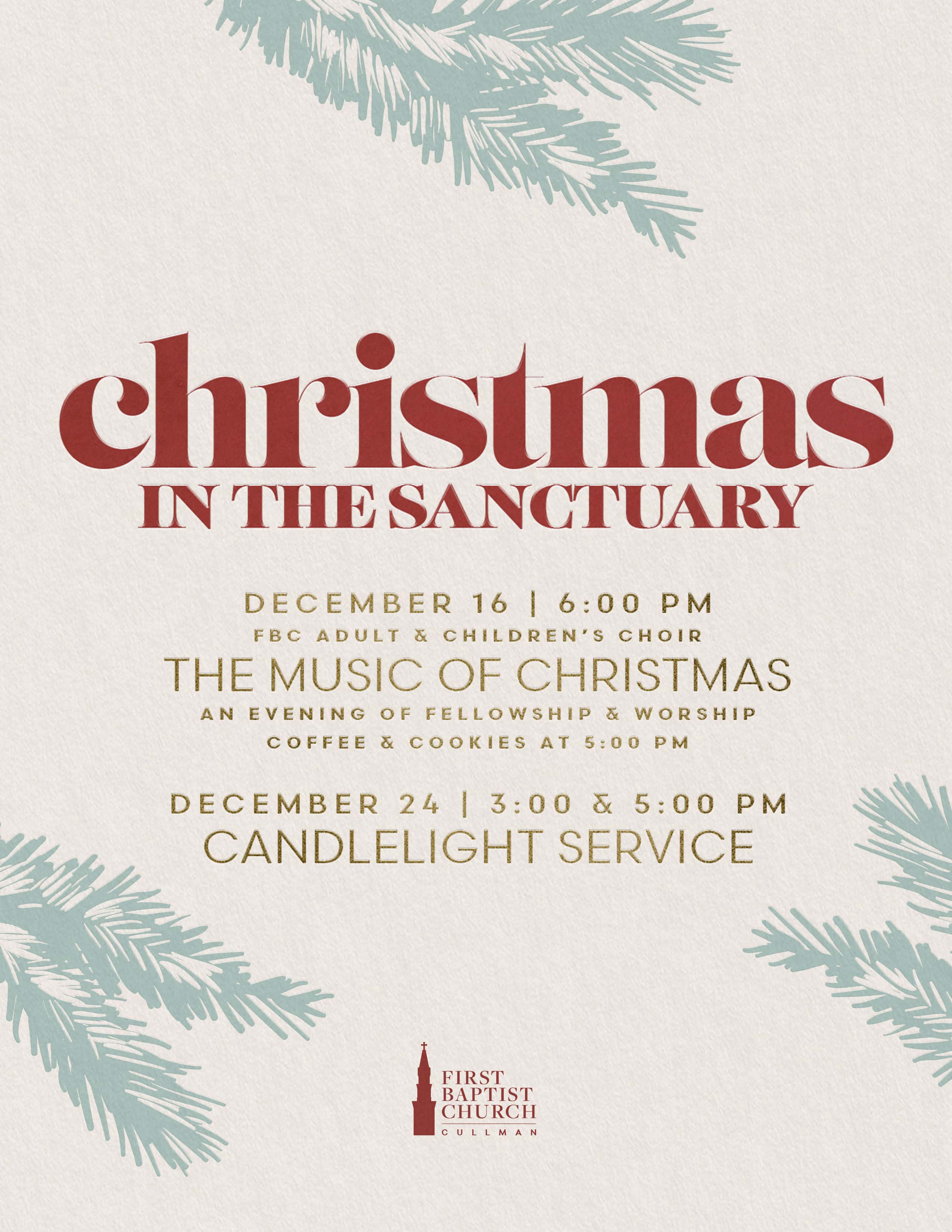 Christmas in the Sanctuary Event Design, church design work for Cullman First Baptist Church