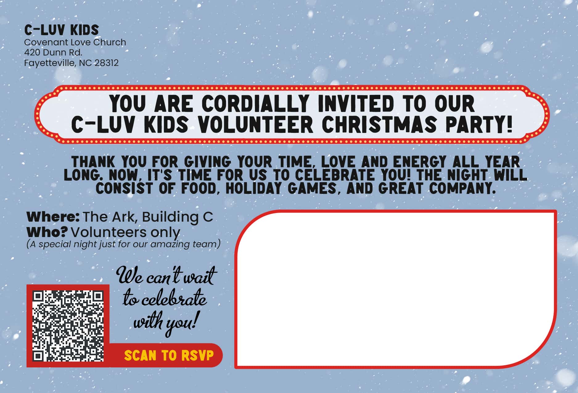 C Luv Kids Volunteer Party Postcard, church design work for Covenant Love Church