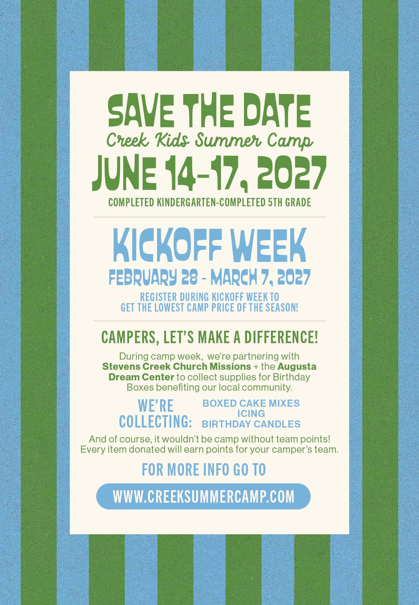 Creek Kids Summer Camp Save the Date 2026 Postcard, church design work for Stevens Creek Church