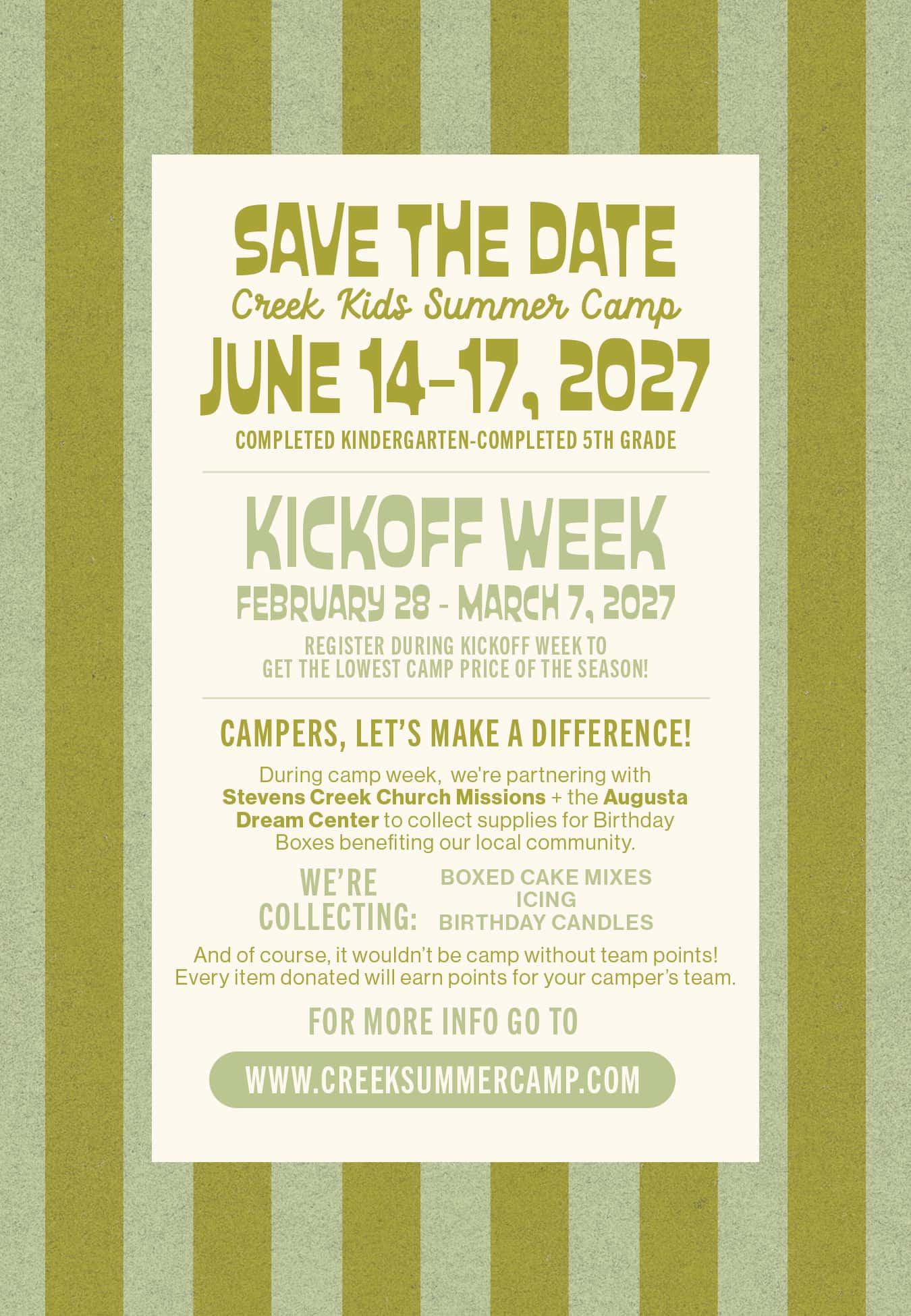 Creek Kids Summer Camp Save the Date 2026 Postcard, church design work for Stevens Creek Church