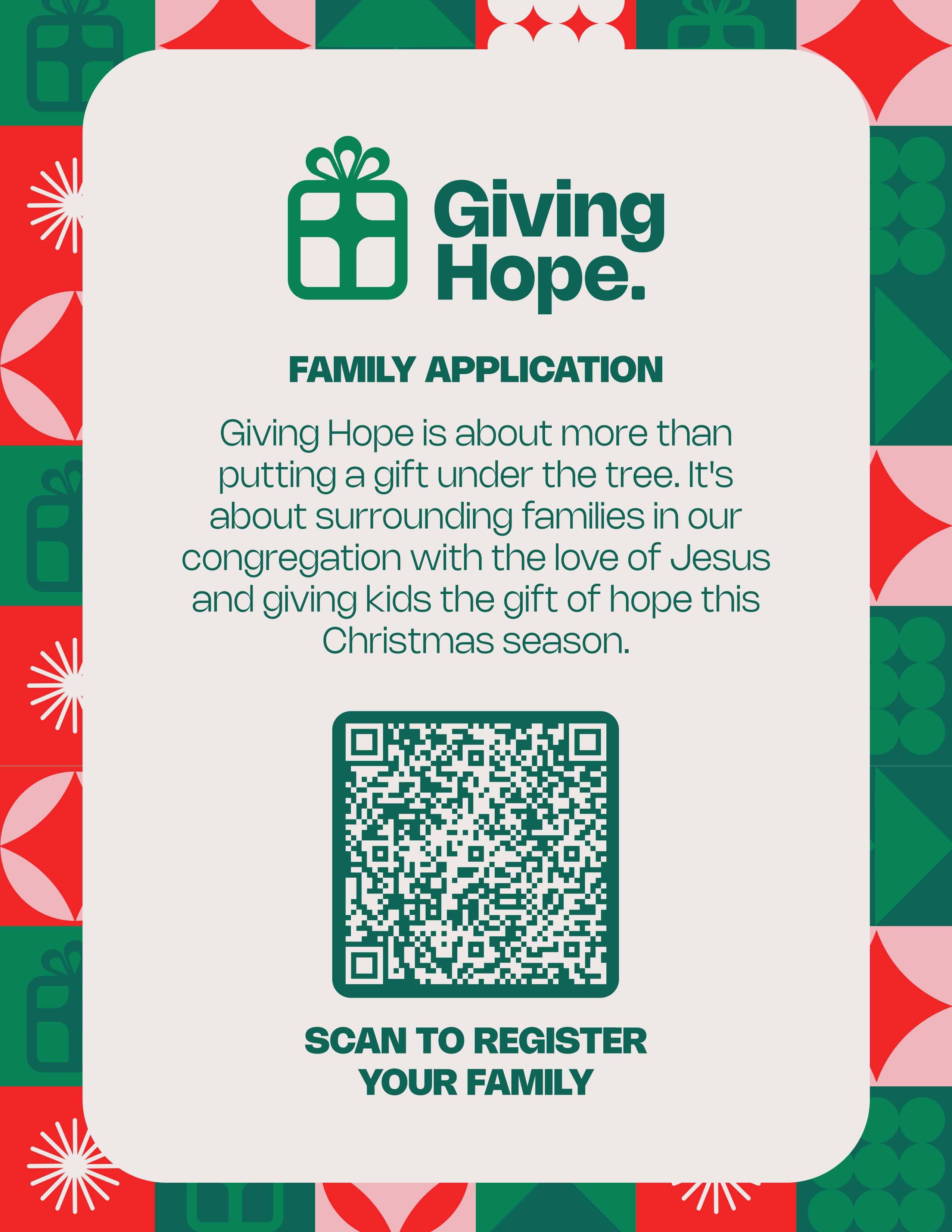 Giving Hope: Family Application Flyer, church design work for Church on the Rock