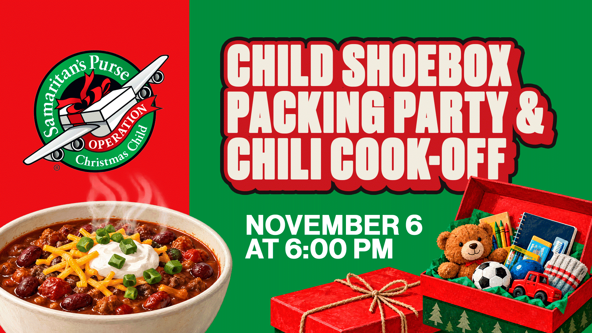 Operation Christmas Child Shoebox Packing Party & Chili Cook off Event Design, church design work for Impact Christian Church