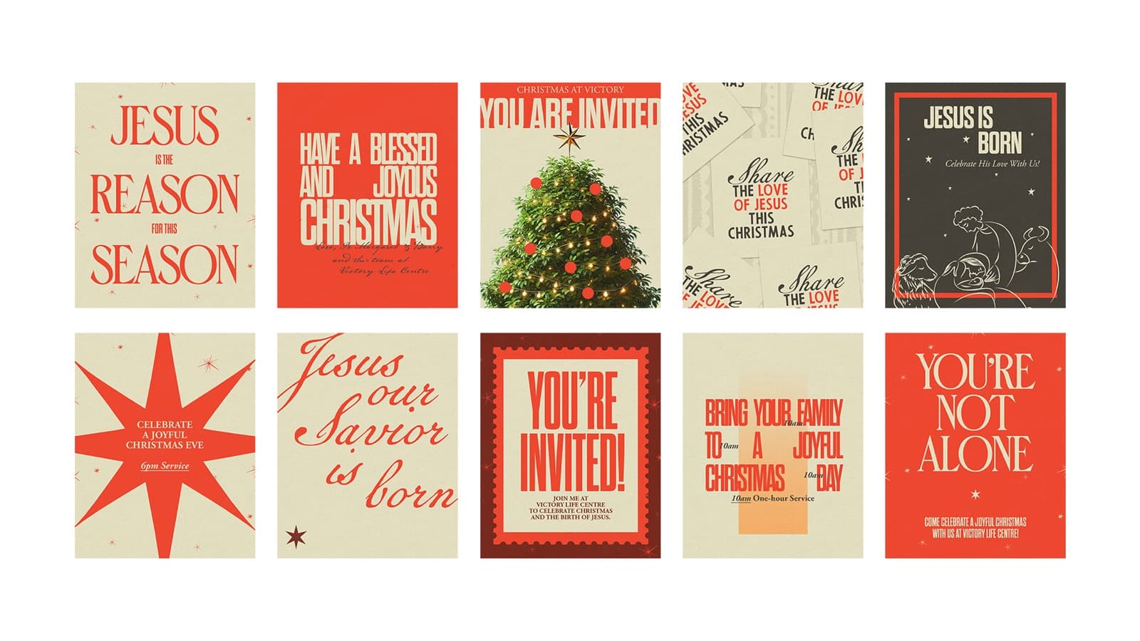 A ten-piece Christmas social set in red and cream, including a starburst card reading Celebrate a Joyful Christmas Eve with a 6pm service time and a card reading Bring Your Family to a Joyful Christmas Day with a 10am one-hour service time.